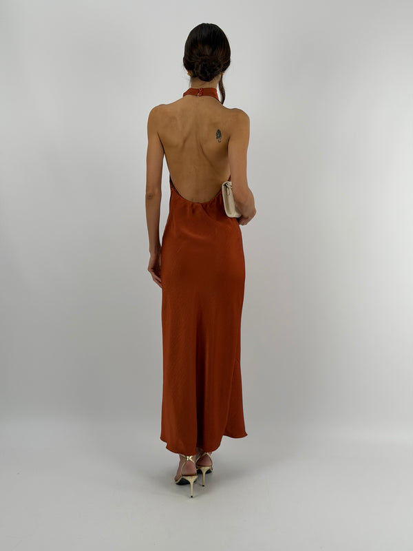 Abito Lungo Halter con Scollo Morbido Ruggine