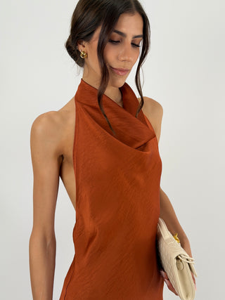 Abito Lungo Halter con Scollo Morbido Ruggine