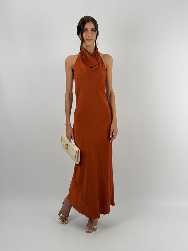 Abito Lungo Halter con Scollo Morbido Ruggine