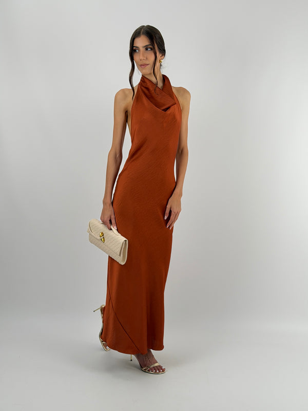 Abito Lungo Halter con Scollo Morbido Ruggine