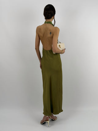 Abito Lungo Halter con Scollo Morbido Verde Olio