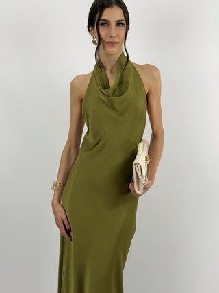 Abito Lungo Halter con Scollo Morbido Verde Olio