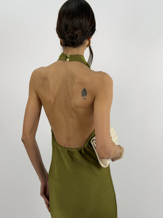 Abito Lungo Halter con Scollo Morbido Verde Olio