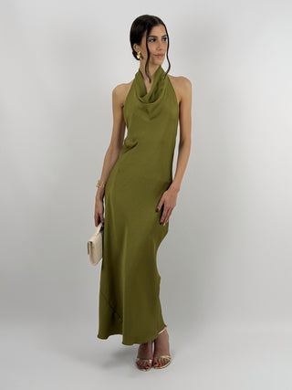 Abito Lungo Halter con Scollo Morbido Verde Olio