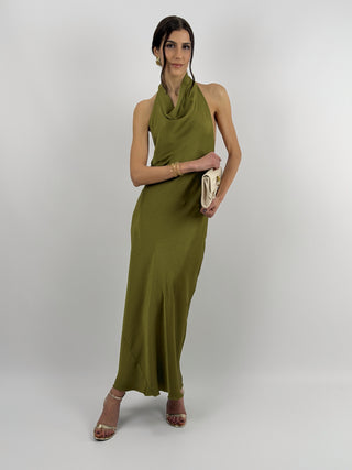Abito Lungo Halter con Scollo Morbido Verde Olio