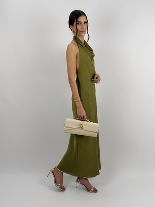 Abito Lungo Halter con Scollo Morbido Verde Olio