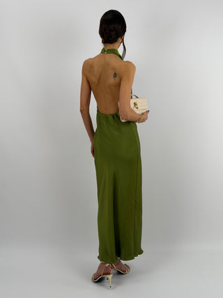 Abito Lungo Halter con Scollo Morbido Verde Oliva