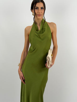 Abito Lungo Halter con Scollo Morbido Verde Oliva