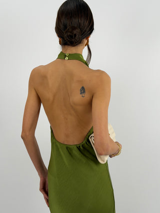 Abito Lungo Halter con Scollo Morbido Verde Oliva