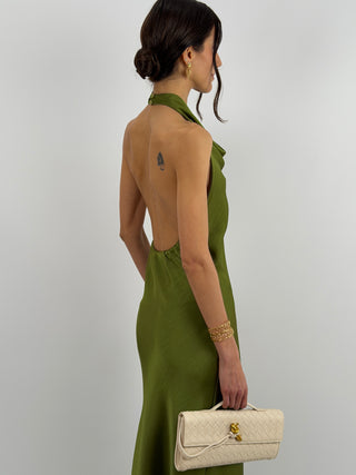 Abito Lungo Halter con Scollo Morbido Verde Oliva