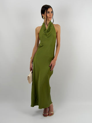 Abito Lungo Halter con Scollo Morbido Verde Oliva