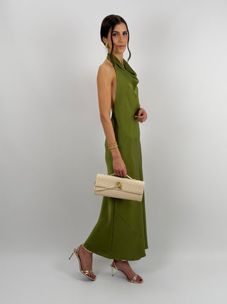 Abito Lungo Halter con Scollo Morbido Verde Oliva