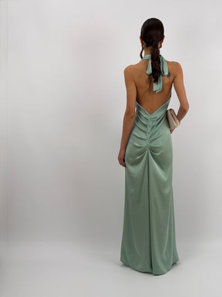Abito Lungo Scollo a V con Drappeggio Verde Salvia