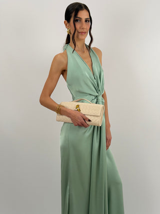 Abito Lungo Scollo a V con Drappeggio Verde Salvia