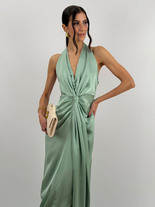 Abito Lungo Scollo a V con Drappeggio Verde Salvia