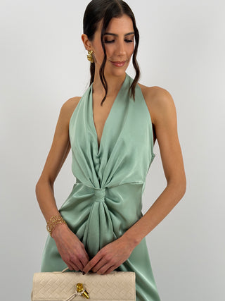 Abito Lungo Scollo a V con Drappeggio Verde Salvia