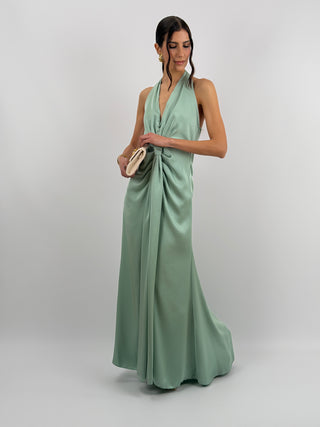 Abito Lungo Scollo a V con Drappeggio Verde Salvia