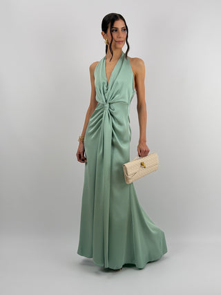 Abito Lungo Scollo a V con Drappeggio Verde Salvia