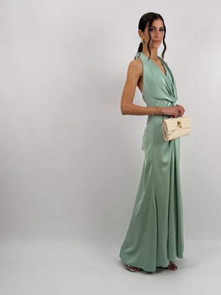 Abito Lungo Scollo a V con Drappeggio Verde Salvia