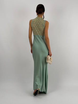 Abito Lungo Scollo Morbido e Pizzo Verde Salvia