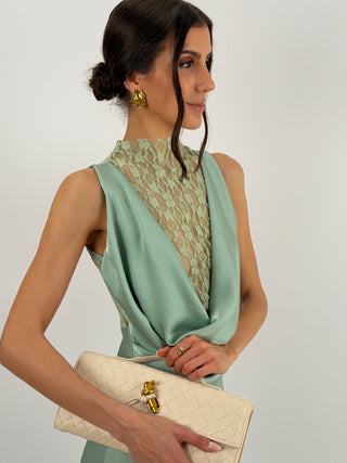 Abito Lungo Scollo Morbido e Pizzo Verde Salvia