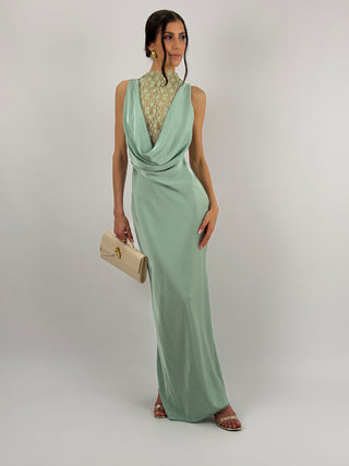 Abito Lungo Scollo Morbido e Pizzo Verde Salvia