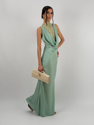 Abito Lungo Scollo Morbido e Pizzo Verde Salvia