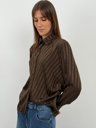 Camicia a Righe Marrone con Arricciatura