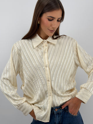 Chemise Rayée Crème à Fronces