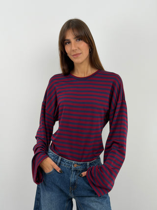Blue Striped Top with Ruching