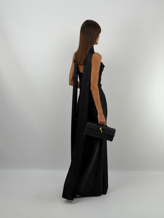 Abito Lungo Satin con Foulard Nero