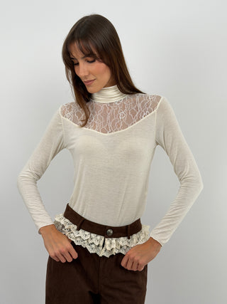 Cream Ultralight Cashmere Sweater with Lace