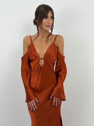 Abito Satin con Maniche Lunghe Ruggine