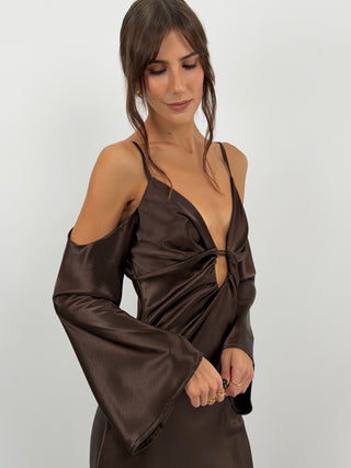Abito Satin con Maniche Lunghe Marrone