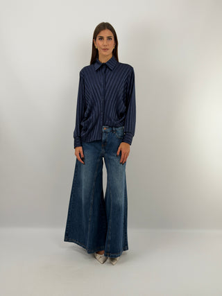 Camicia a Righe Blu con Arricciatura