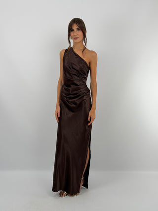 Abito Satin Monospalla Marrone