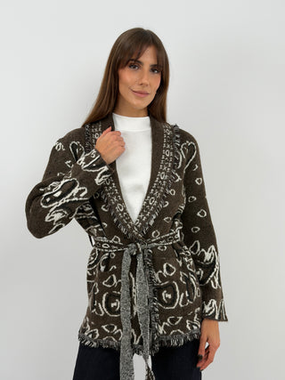 Cardigan con Cintura Marrone in Misto Lana