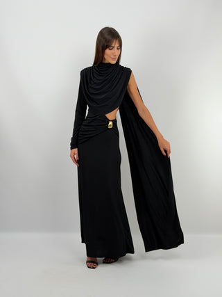 Long Black Dress with Cut Out and Draping