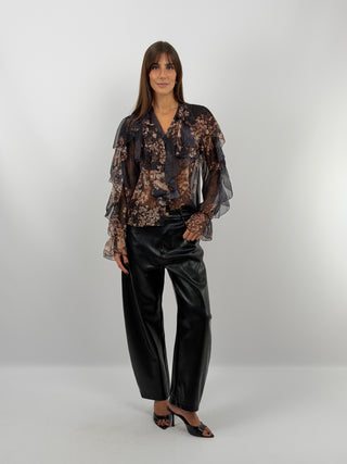 Black Faux Leather Barrel Trousers