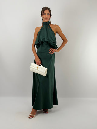 Abito Satin con Top a Balza Verde Smeraldo