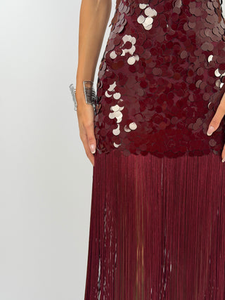 Abito Bordeaux con Paillettes e Frange