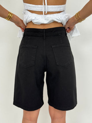 Bermuda in Denim con Pinces Nero