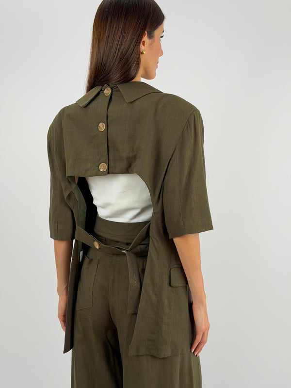 Set Blazer con Cut Out e Pantalone Doppia Vita Verde Militare Lumina