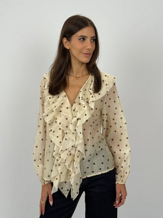 Blusa a Pois con Volant Crema