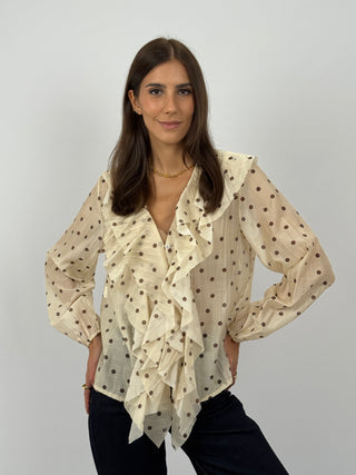 Blusa a Pois con Volant Crema