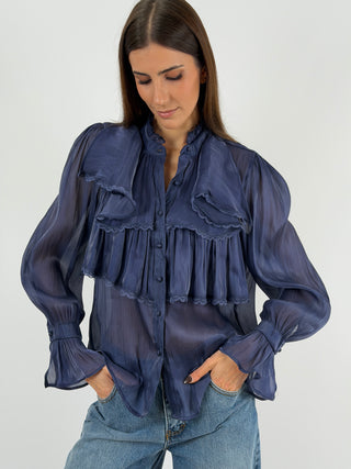 Camicia in Chiffon con Volant Blu