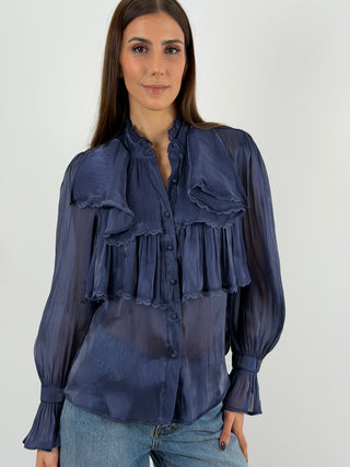 Camicia in Chiffon con Volant Blu