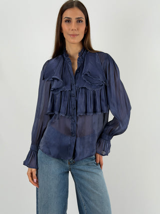 Camicia in Chiffon con Volant Blu