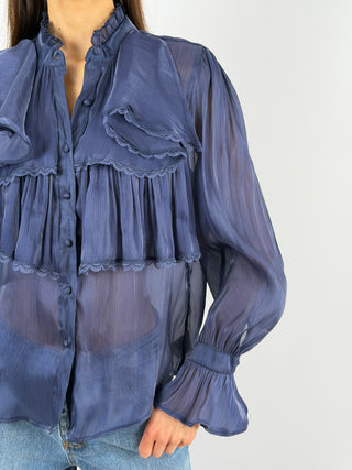 Camicia in Chiffon con Volant Blu