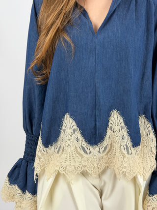 Blusa in Denim con Pizzo